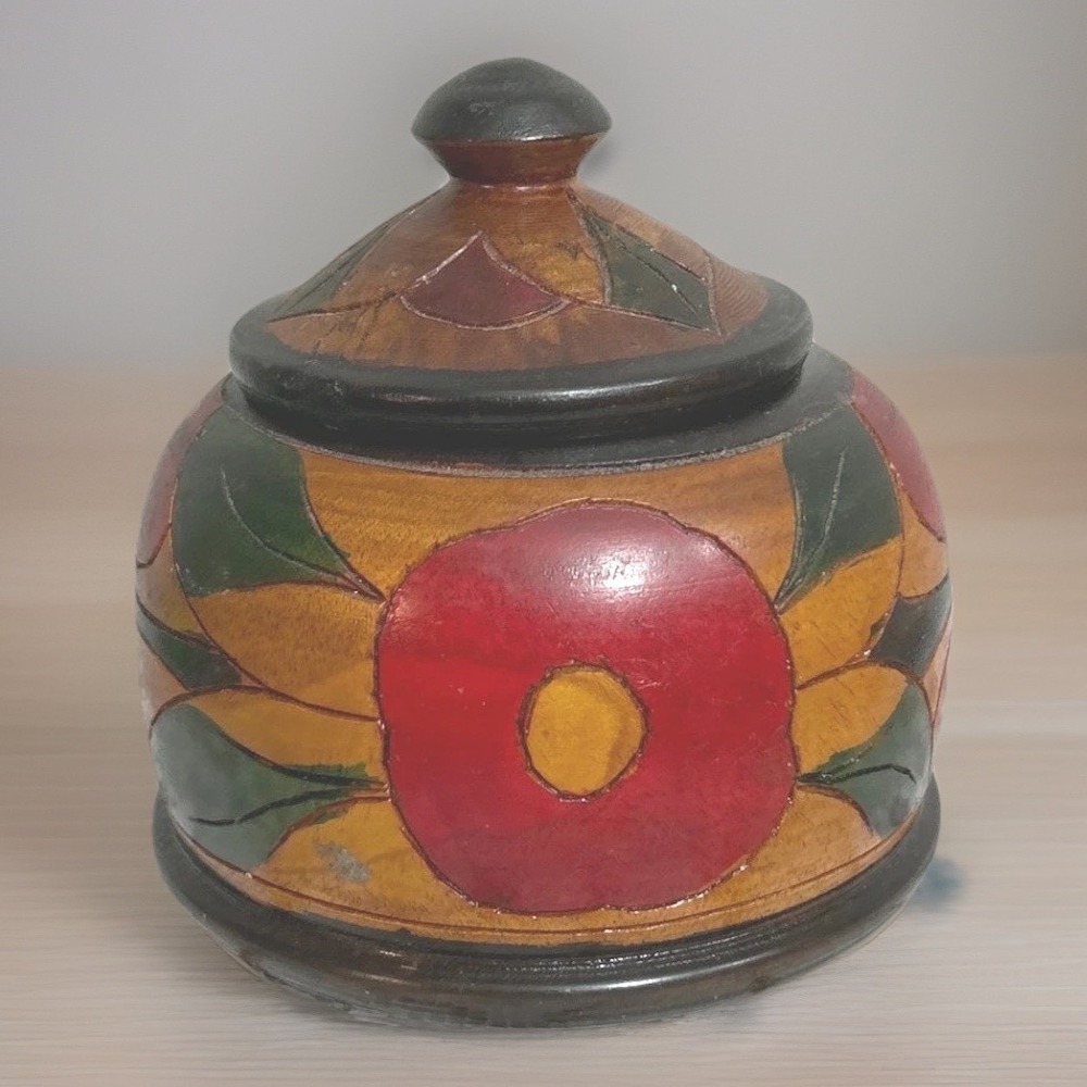 Hand Carved Wooden Floral Apple Lidded Jar Artisan Signed Trinket Box Folk Art